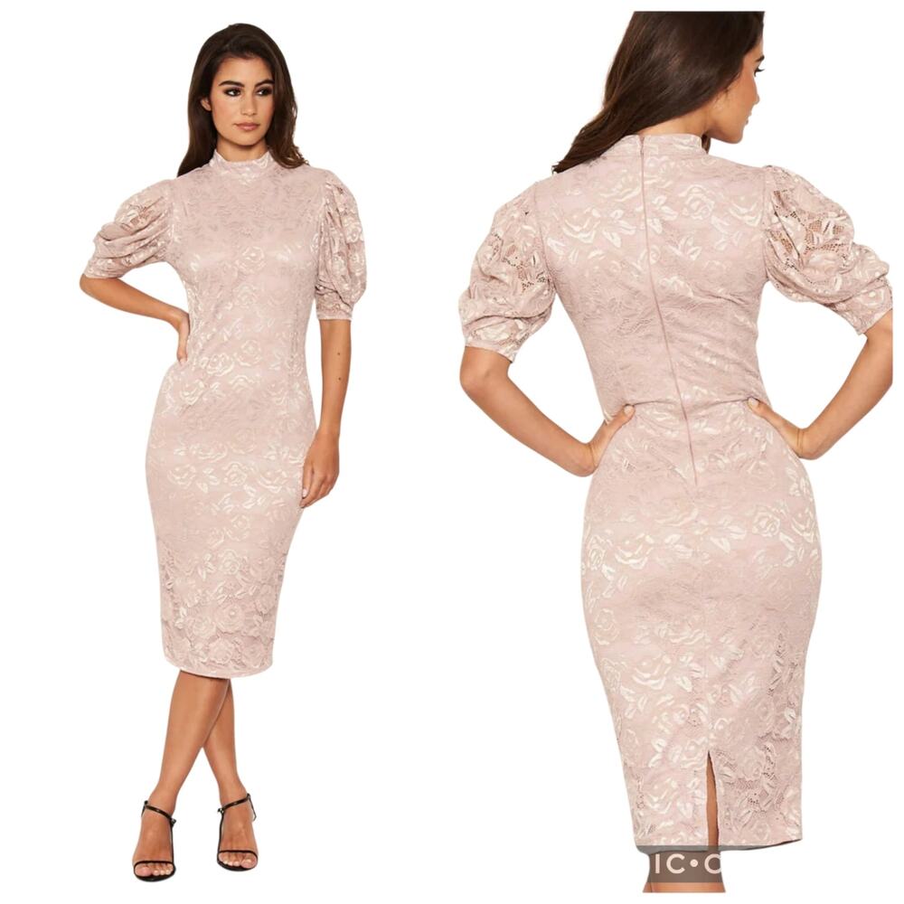AX Paris Mushroom Lace High Neck Puff Sleeve Midi Dress NWT Size 8